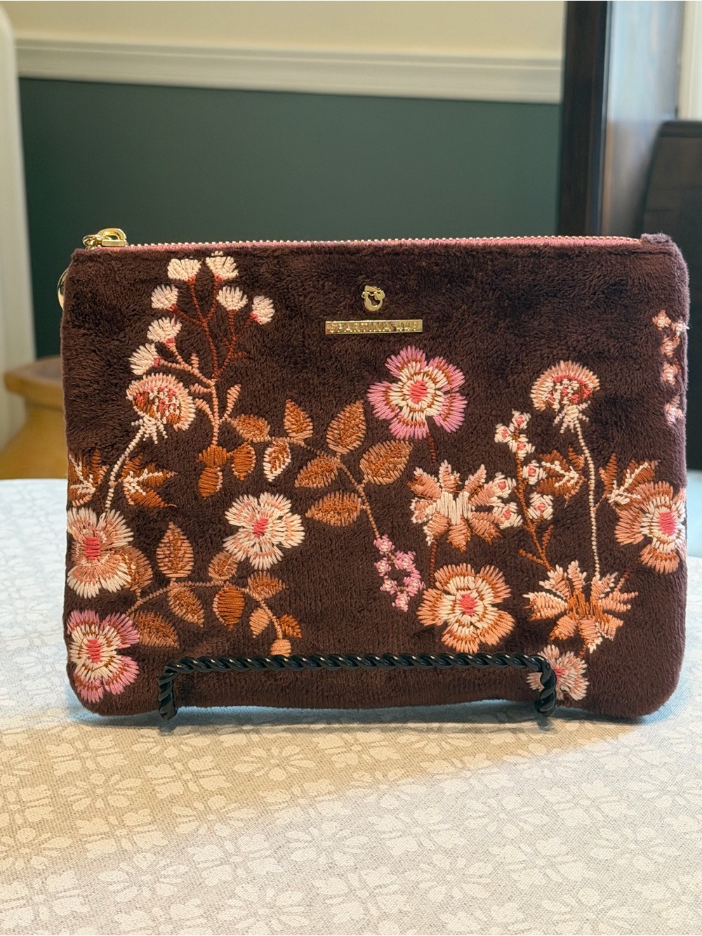 Spartina 449 Brown Velvet Embroidered Floral Zip Clutch Pouch Evening Bag